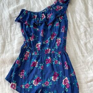 Women’s Blue Floral One Shoulder One Piece Romper Ruffle Top